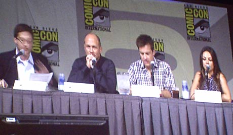 Moderator Josh Horowitz - MIke Judge - Jason Bateman and Mila Kunis at the San Diego Comic-Con 2009 Extract panel. Photo by Rene Carson