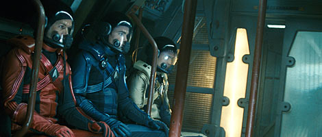 Chief Engineer Olson (Greg Ellis) James T. Kirk (Chris Pine) and Sulu (John Cho) embark on their first mission in Star Trek