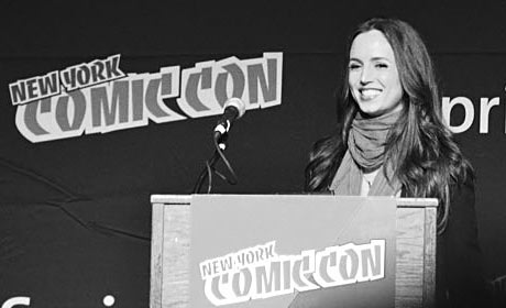 Eliza Dushku introduces the short film Catwoman during the DC Animation panel at New York Comic-Con 2011