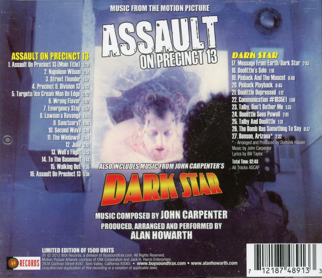 Alan Howarth – Assault On Precinct 13 & Dark Star Limited Edition Music from the Motion Pictures