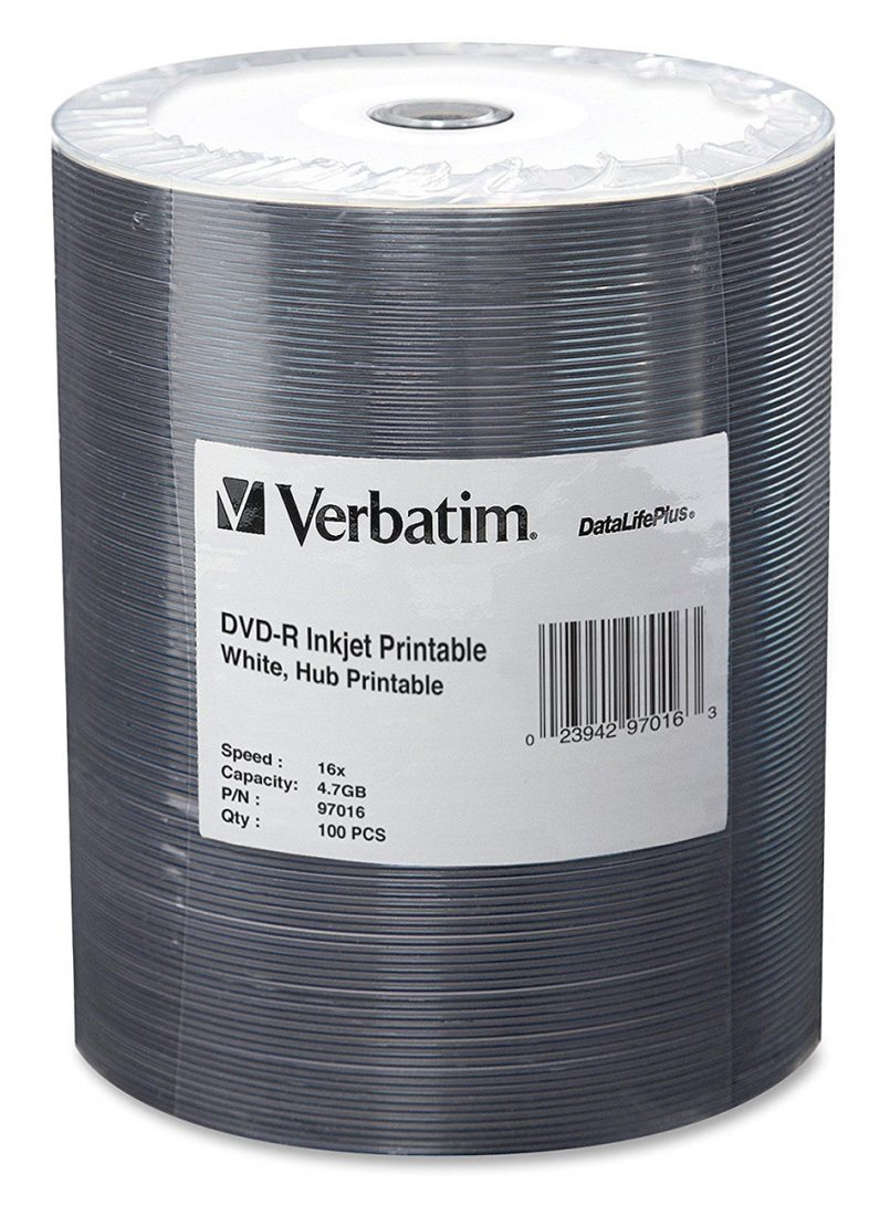 Verbatim Inkjet Hub Printable DVD-R – 16x Data Life Plus 100-Pack