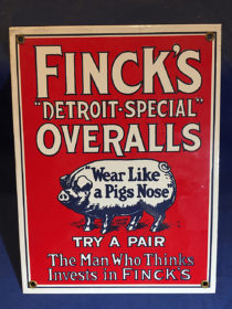 Finck’s Detroit Special Overalls “Wear Like A Pig’s Nose” 9 x 12 inch Original Vintage Porcelain Metal Sign