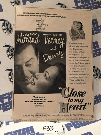 Close to my Heart (1951) Original Full-Page Magazine Advertisement, Ray Milland, Gene Tierney [F33]
