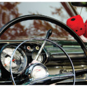 Vintage Automobile Black Wheel Interior With Red Dice Photo [221110-15]