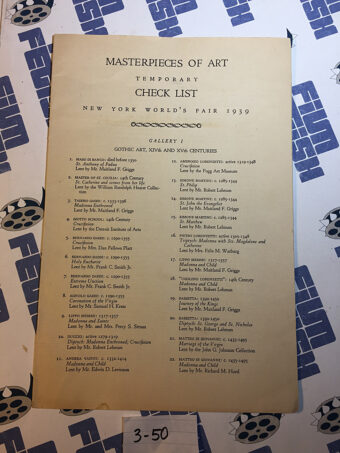 Masterpieces of Art Temporary Check List 1939-40 New York World’s Fair [350]
