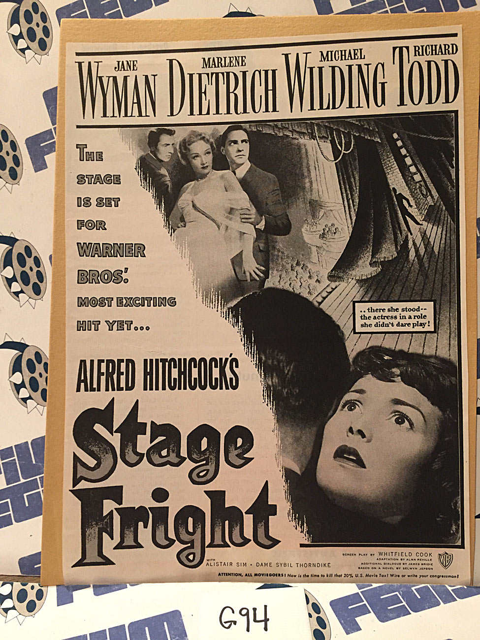 Alfred Hitchcock’s Stage Fright (1950) Original Full-Page Magazine Advertisement, Marlene Dietrich [G94]