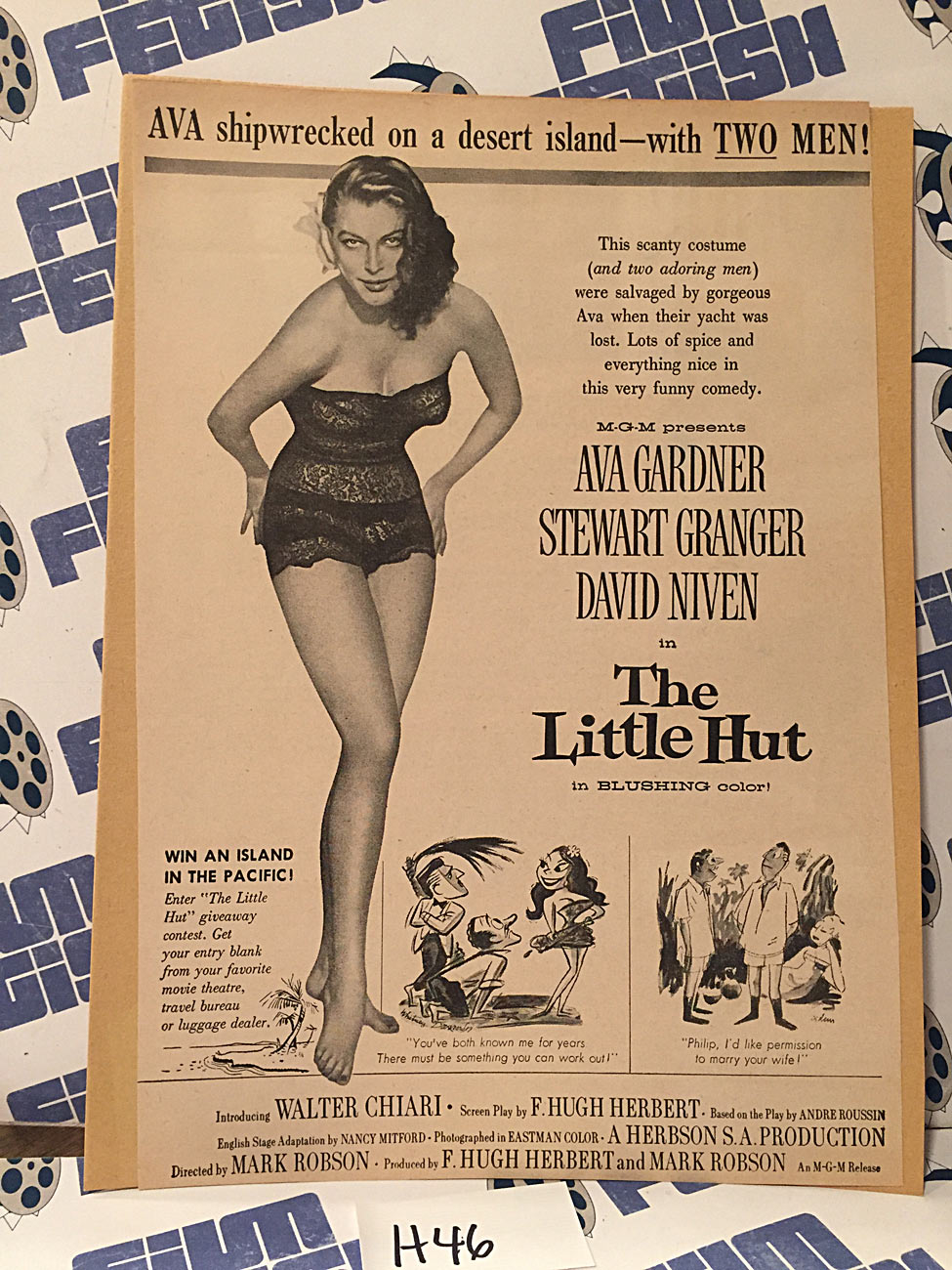 The Little Hut 1957 Original Full-Page Magazine Ad Ava Gardner Stewart Granger David Niven H46