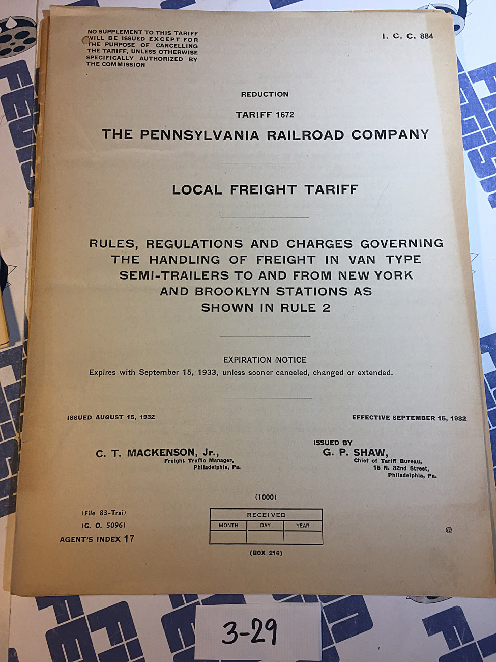 The Pennsylvania Railroad Company Local Freight Tariff Express Operations Agreement [329]